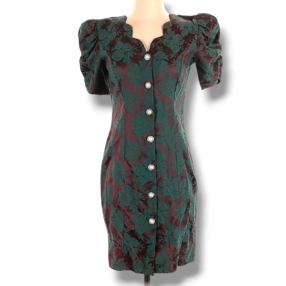 Vintage 80s Brocade Floral Retro Cocktail Dress - Byer Too - Picture 1 of 6